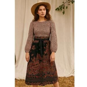 Vintage Boho Peasant Midi Dress 6 Black‎ Red Paisley Long Sleeve Fall